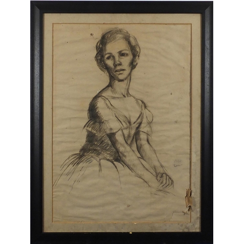 1295 - Young female, charcoal onto paper, bearing a signature Wilem Conor, mounted, unframed, 67cm x 49cm