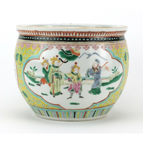 413 - Chinese porcelain fish bowl hand painted with panels of warriors within a foliate border onto a yell... 