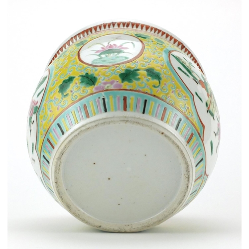 413 - Chinese porcelain fish bowl hand painted with panels of warriors within a foliate border onto a yell... 