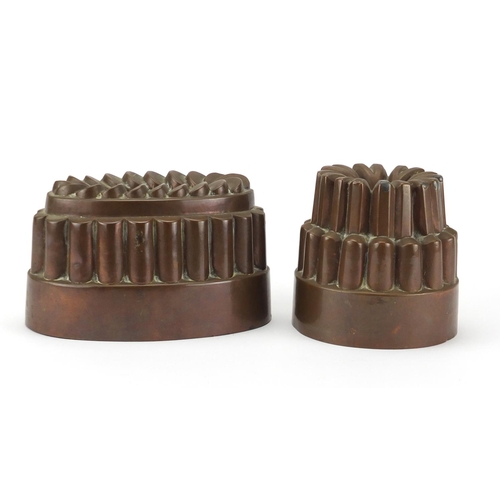 19 - Two Victorian copper jelly moulds, both with impressed marks, numbered 106 and 189, the largest 11cm... 