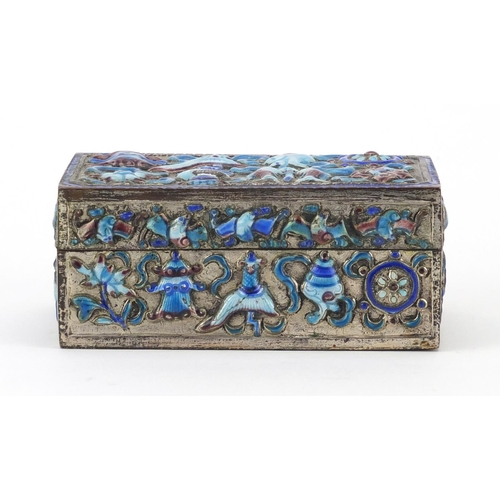 545 - Chinese silver coloured metal box and cover, enamelled and embossed with daoist emblems and fish, 4.... 