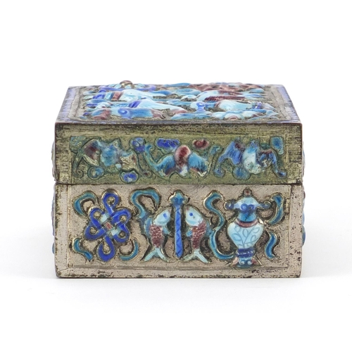 545 - Chinese silver coloured metal box and cover, enamelled and embossed with daoist emblems and fish, 4.... 