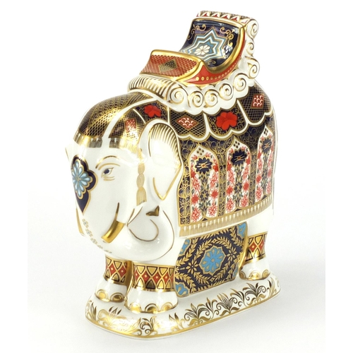2504 - Large Royal Crown Derby elephant paperweight, with gold coloured stopper, 21cm high
