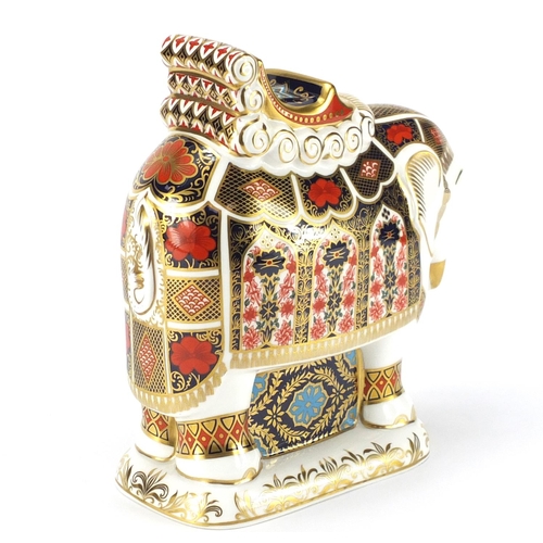 2504 - Large Royal Crown Derby elephant paperweight, with gold coloured stopper, 21cm high