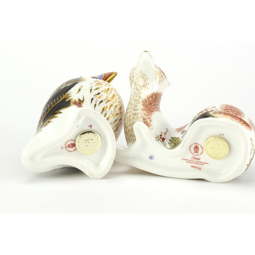 2528 - Two Royal Crown Derby paperweights with gold coloured stoppers comprising a puffin and stoat, the la... 