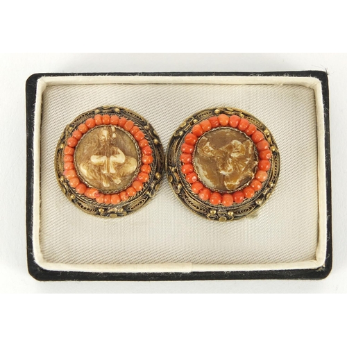 691 - Pair of Chinese gilt Filigree metal and coral earrings, 2.4cm in diameter