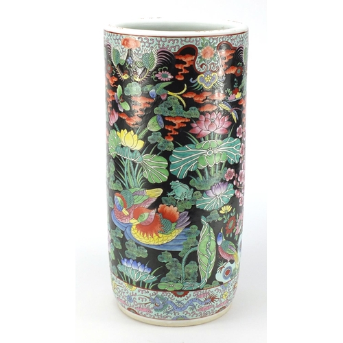 2181 - Large Chinese porcelain cylindrical vase, finely hand painted in the famille noir palette with birds... 