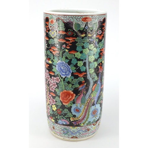 2181 - Large Chinese porcelain cylindrical vase, finely hand painted in the famille noir palette with birds... 