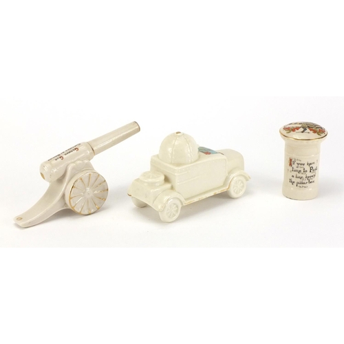 2384 - Three pieces of crested china comprising a model of armoured car by Shelley china, German gun captur... 