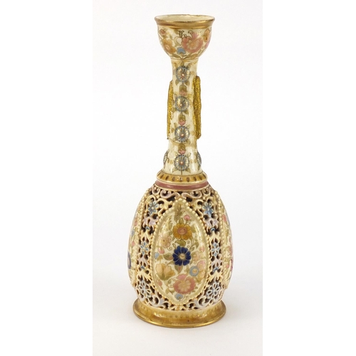 2391 - Hungarian reticulated porcelain vase by Zsolnay Pecs, hand painted with flowers, 29cm high