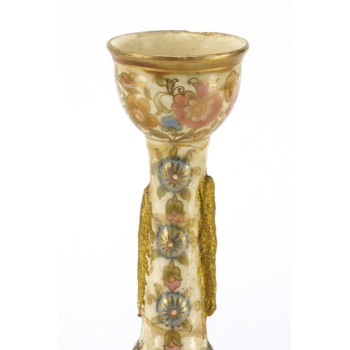 2391 - Hungarian reticulated porcelain vase by Zsolnay Pecs, hand painted with flowers, 29cm high