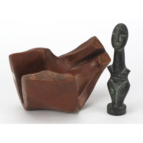 2223 - Modernist patinated bronzed figure and a sculpture, the largest 16.5cm wide