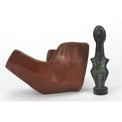 2223 - Modernist patinated bronzed figure and a sculpture, the largest 16.5cm wide
