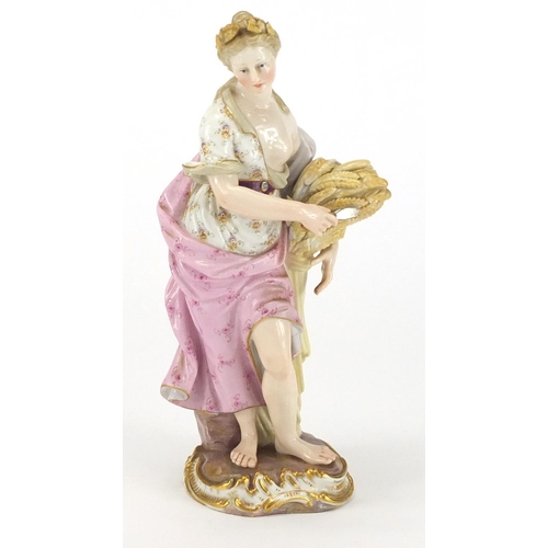 707 - 19th century Meissen hand painted porcelain figurine of a semi clad female holding wheat, blue cross... 