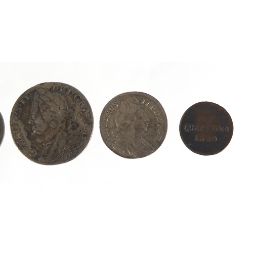 227 - William and Mary and later British silver coinage and an Italian States 1820 Quattrino, the British ... 