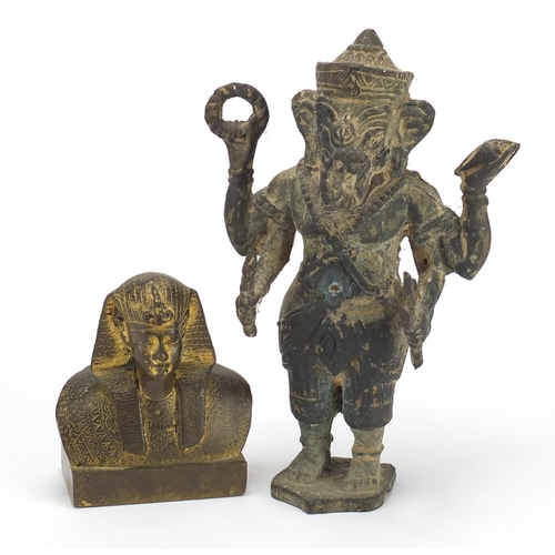 650 - Egyptian gilt bronze sphinx paperweight and an Indian patinated model of Ganesh, the largest 21cm hi... 