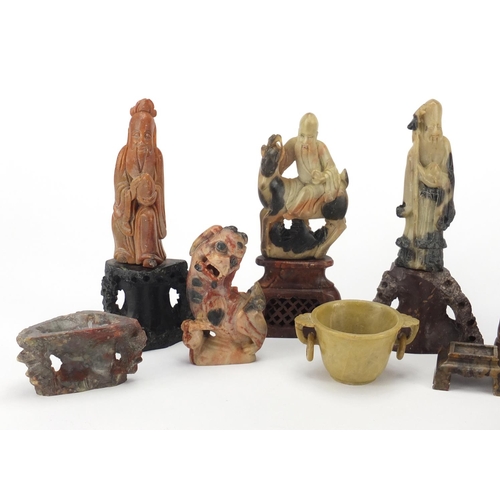 559 - Chinese carved ivory water buffalo and a group of soapstone including a puzzle housed in a box, twin... 