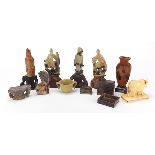 559 - Chinese carved ivory water buffalo and a group of soapstone including a puzzle housed in a box, twin... 