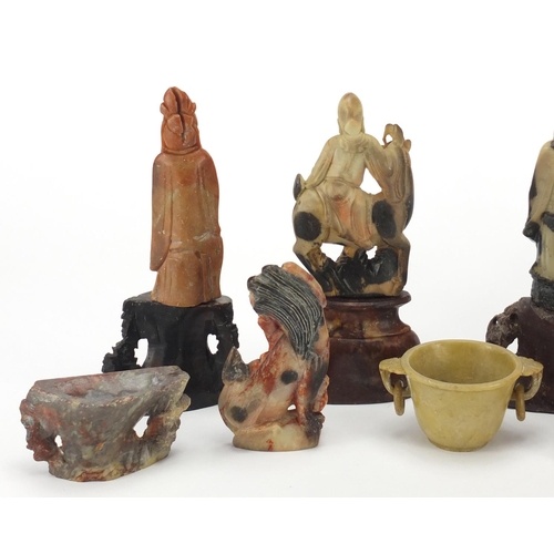 559 - Chinese carved ivory water buffalo and a group of soapstone including a puzzle housed in a box, twin... 