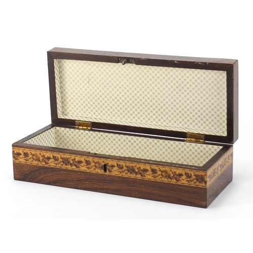 40 - Victorian Tunbridge Ware glove box, the hinged lid having micro mosaic floral inlay, 7cm H x 24.5cm ... 