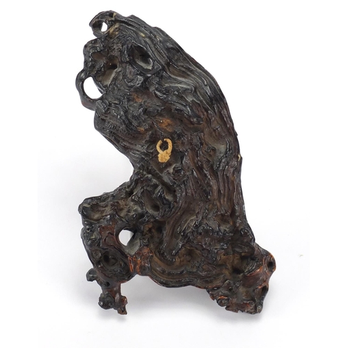 583 - Chinese root carving of a man and mythical animal, 19cm high