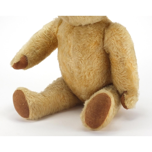 145 - Old golden straw filled teddy bear with beaded eyes, growler and jointed limbs, 56cm in length