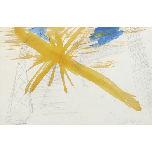 1256 - Abstract composition, iron chloride, watercolour and pencil, bearing an indistinct signature possibl... 