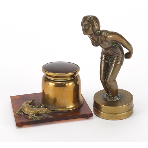 2778 - Car mascot of an Art Deco female and a faux tortoiseshell desk inkwell mounted with a lizard, the la... 