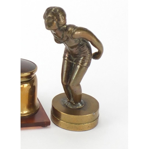 2778 - Car mascot of an Art Deco female and a faux tortoiseshell desk inkwell mounted with a lizard, the la... 