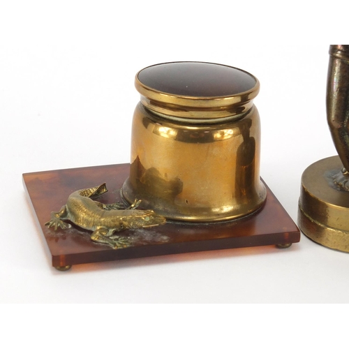 2778 - Car mascot of an Art Deco female and a faux tortoiseshell desk inkwell mounted with a lizard, the la... 