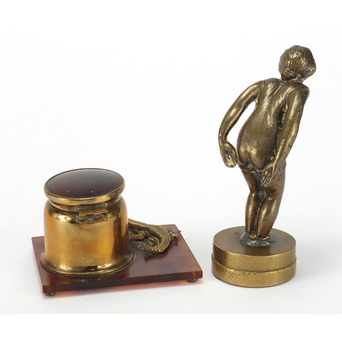 2778 - Car mascot of an Art Deco female and a faux tortoiseshell desk inkwell mounted with a lizard, the la... 