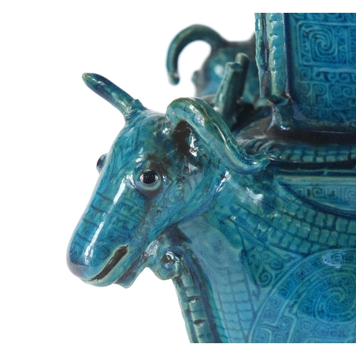 2333 - Chinese archaic style turquoise porcelain goat vase, character marks to the base, 20cm high