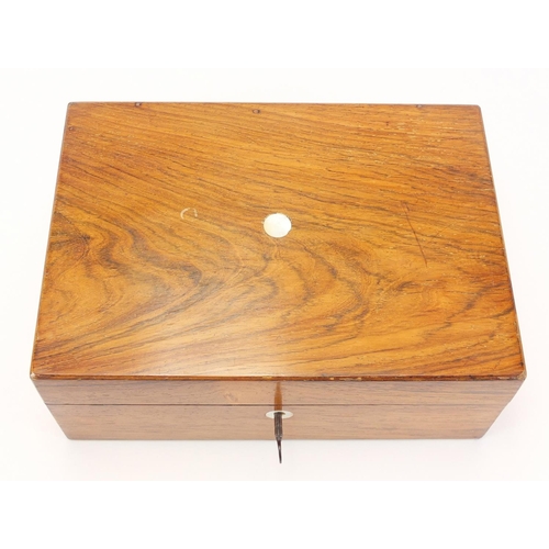 2544 - Victorian rosewood work box with fitted lift out interior, 10.5cm H x 25cm W x 17.5cm D