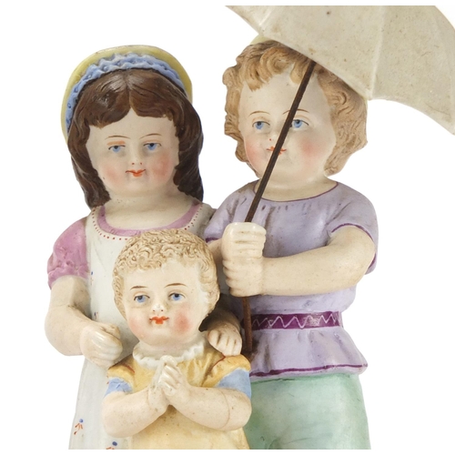 2416 - Pair of 19th century continental bisque figures, each of three children under a parasol, blue anchor... 