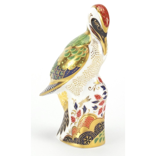 2511 - Royal Crown Derby Green Woodpecker bird paperweight with gold coloured stopper, 17.5cm high