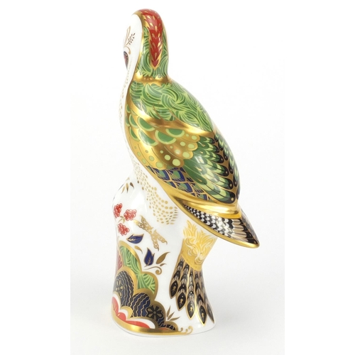 2511 - Royal Crown Derby Green Woodpecker bird paperweight with gold coloured stopper, 17.5cm high