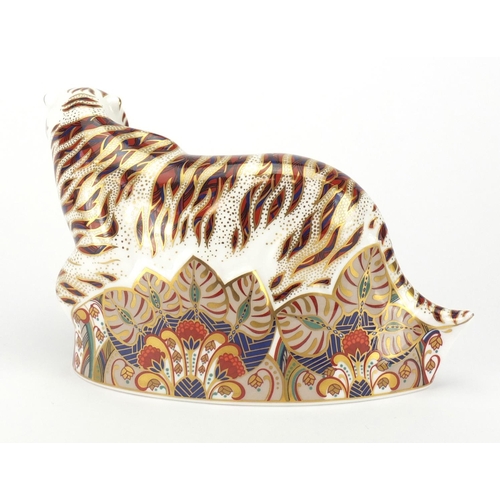 2519 - Royal Crown Derby Bengal tiger paperweight, with gold coloured stopper,  21cm in length