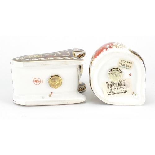 2529 - Two Royal Crown Derby paperweights comprising panda and Santa in a sleigh with stopper, the largest ... 