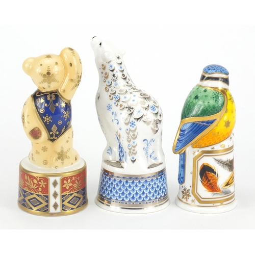 2606 - Three Royal Worcester animal candle snuffers comprising Prince Regent Teddy Bear, polar bear and blu... 