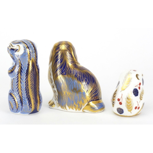 2530 - Three Royal Crown Derby animal paperweights, one with stopper comprising chipmunk, dormouse and span... 