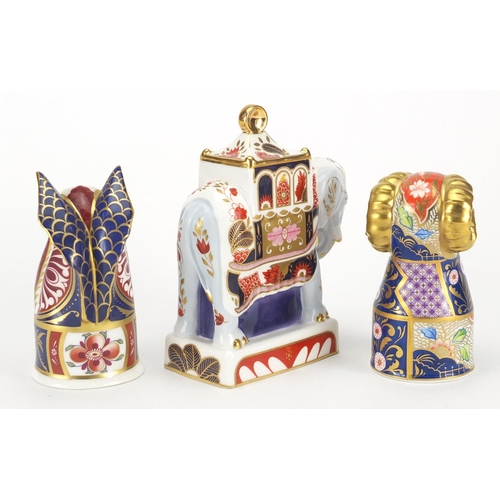 2598 - Three Royal Worcester candle snuffers comprising Nelson elephant, ram and dragon, the largest 12cm h... 