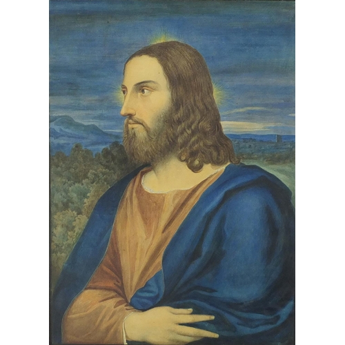 1250 - After Tiziano Vecellio (Titian) - Christ the Redeemer, watercolour, framed, 54.5cm x 38.5cm