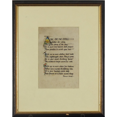 268 - Illuminated manuscript page on vellum of a poem by Thomas Carew, mounted and framed, 15.5cm x 10.5cm