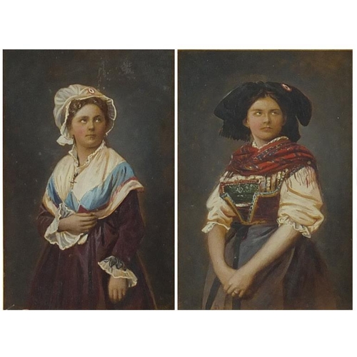 1229 - Two full length portraits titled Alsace and Lorraine, pair of 19th century oils, one with label insc... 