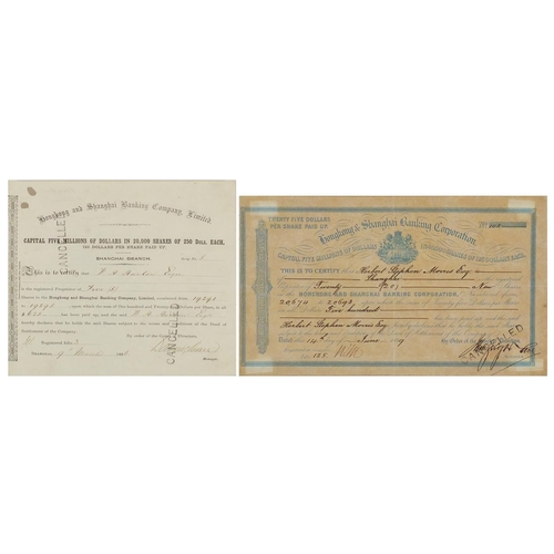 279 - Two 19th century Hong Kong and Shanghai Banking Corporation share certificates, one dated 9th March ... 