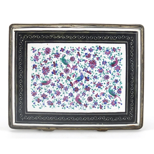 639 - Persian enamelled cigarette case, hand painted with birds of paradise and flowers, 10cm x 8cm