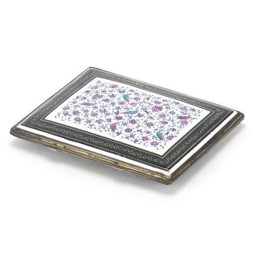 639 - Persian enamelled cigarette case, hand painted with birds of paradise and flowers, 10cm x 8cm