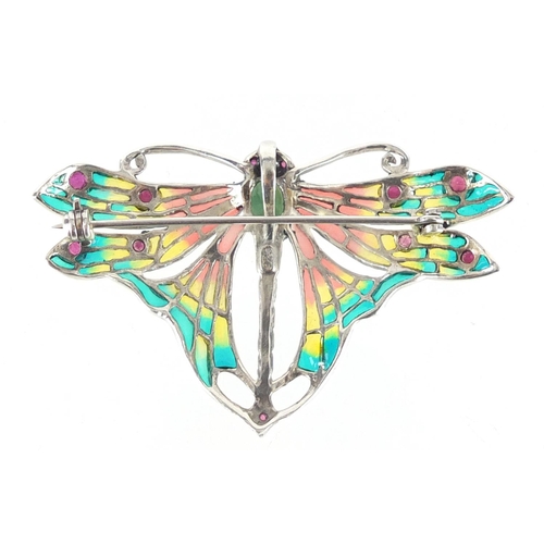 812 - 925 silver and plique-à-jour enamel butterfly brooch set with eleven ruby's and an emerald, 6cm wide... 