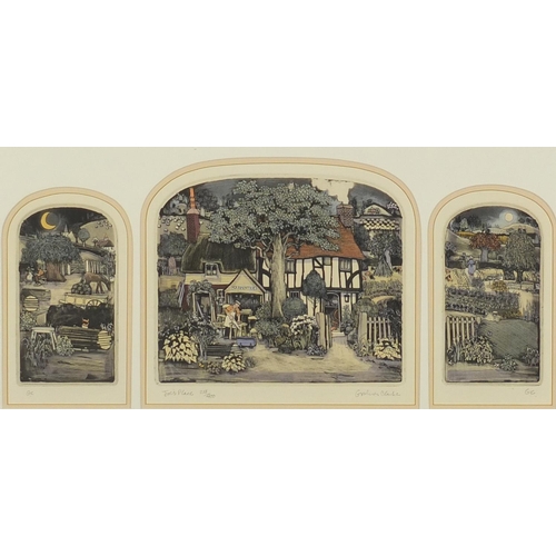 1414 - Graham Clarke - Joe's Place, triptych, pencil signed etching in colour, limited edition 218/400, mou... 