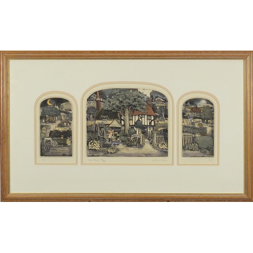 1414 - Graham Clarke - Joe's Place, triptych, pencil signed etching in colour, limited edition 218/400, mou... 